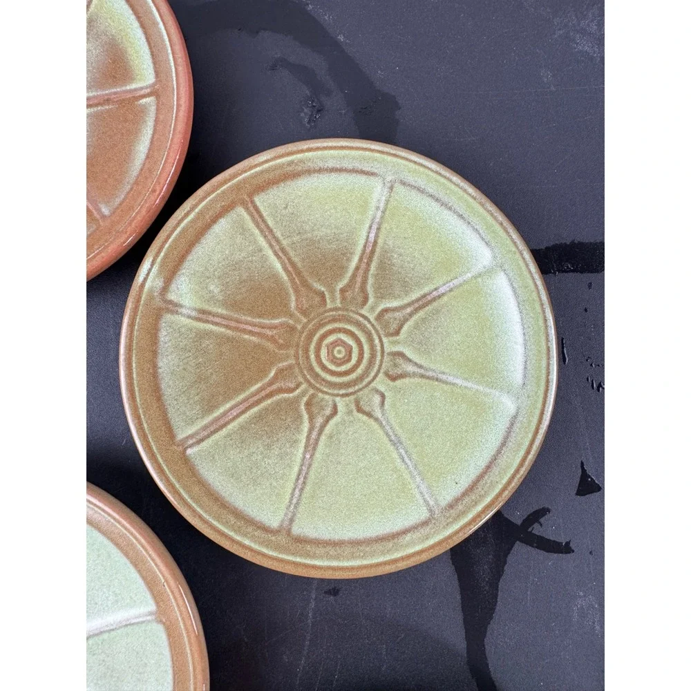 Vtg Frankoma Appetizer Plates Set‎ of 7 Brown Green Wagon Wheel Sunburst 6.5